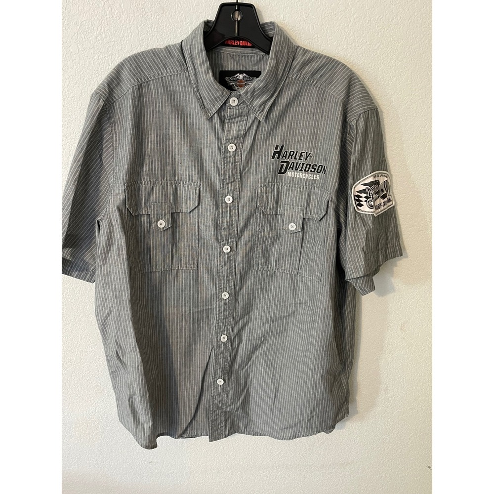 Harley Davidson Mens Short Sleeve‎ Button Up Shirt Gray Pinstripe Patch